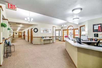Interior view of a common area with reception desk