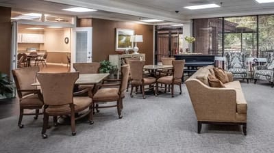Common area of a senior living facility with seating