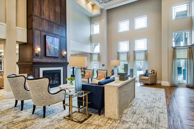 Bright living room with modern decor in a senior facility