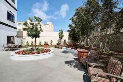 Outdoor garden area with seating and landscaping