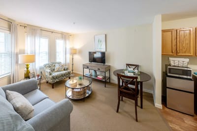 Cozy interior of a resident living area with furniture