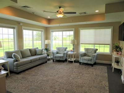 Comfortable lounge area with large windows
