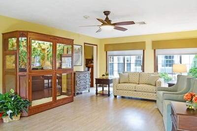 Bright common area with seating and decor