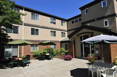 Building exterior with outdoor seating area