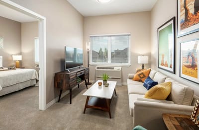 Bright and cozy living room in a senior living facility