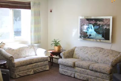 Cozy common area with couches and a wall-mounted photo.