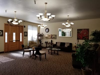 Interior view of a comfortable common area with seating