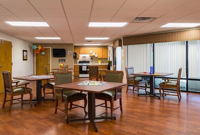 Common area with tables for activities and games
