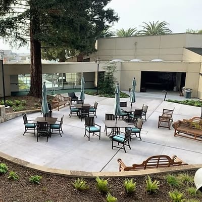 Outdoor seating area with garden and umbrellas