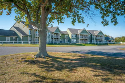 Exterior view of a senior living facility surrounded by greenery