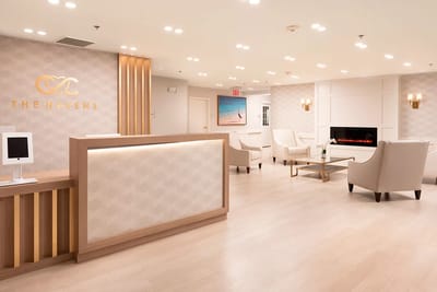 Modern lobby with seating and reception area
