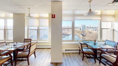 Bright dining room with views of the outdoors
