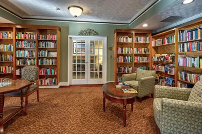 Interior view of a cozy library area with bookshelves