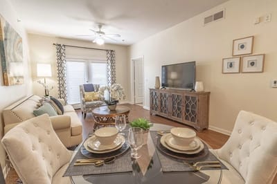 Bright and inviting common area with seating and decor