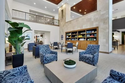 Bright interior common area with seating