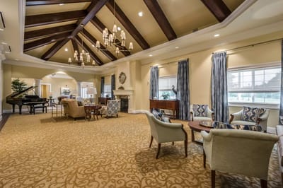 Bright and spacious common area in a senior living facility