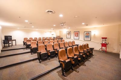 Interior view of a movie theater with seating