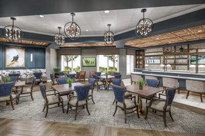 Bright dining room with tables and decor