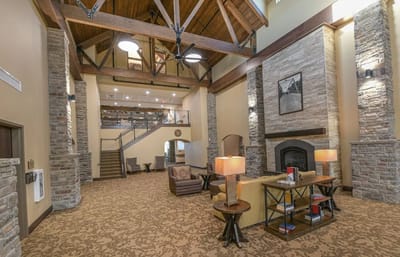 Bright interior common area with rustic decor