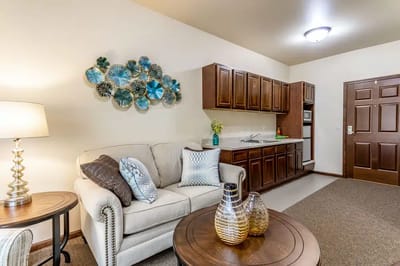 Cozy living room with kitchen and decor