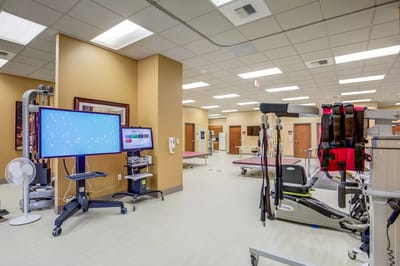 Interior of a rehabilitation facility with therapy equipment