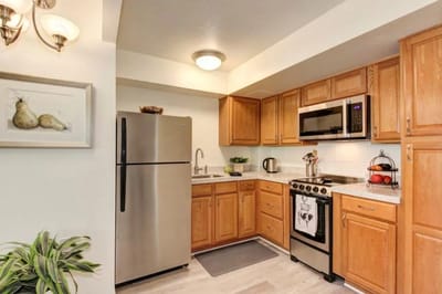 Bright kitchen with modern appliances and wooden cabinets