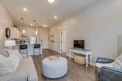 Cozy interior of a modern living space with kitchen