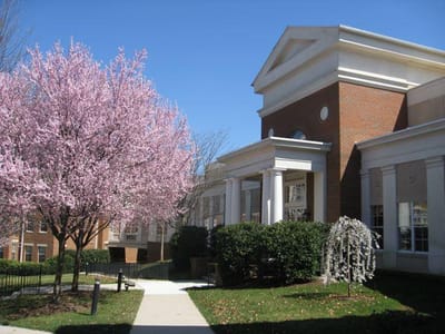 Exterior view of a senior living facility with blooming trees