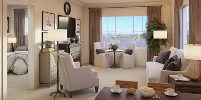 Stylish interior common area with furniture and light decor