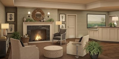 Cozy common area with seating and fireplace
