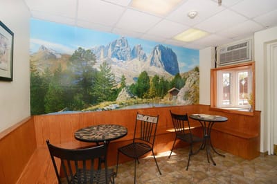 Cozy seating area with a scenic mural