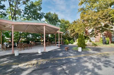 Outdoor seating area with tables and trees