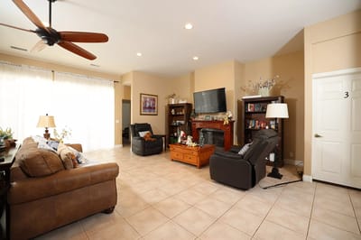 Bright common area in a senior living facility with seating
