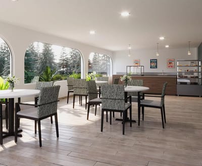 Bright dining area with tables and chairs