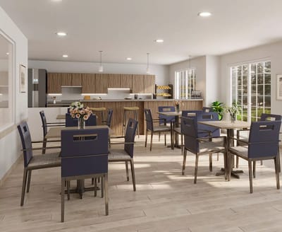 Bright dining room with tables and chairs