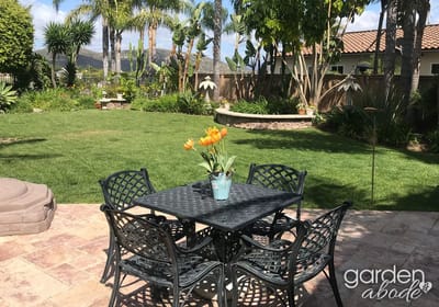 Beautiful outdoor garden with seating and flowers