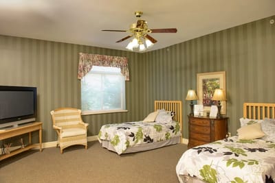 Cozy resident room with two beds and media console