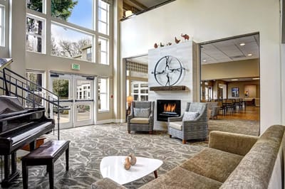 Cozy common area with seating and fireplace