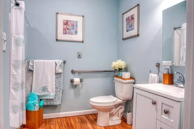 Well-decorated bathroom in senior living facility