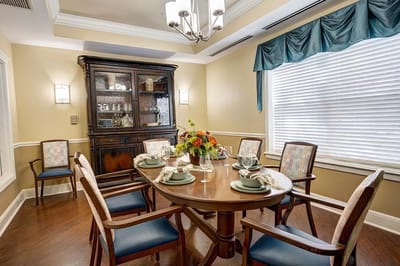 Dining area with a table set for a meal