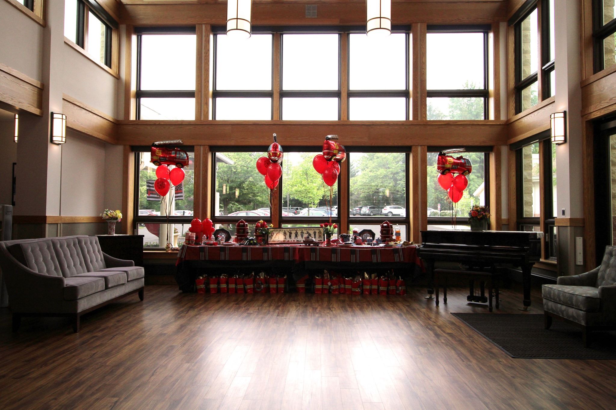 Bright common area with celebration decor and seating