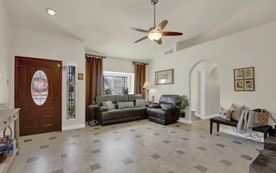 Interior of a cozy common area with seating