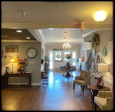 Interior view of a common area with seating and decorations