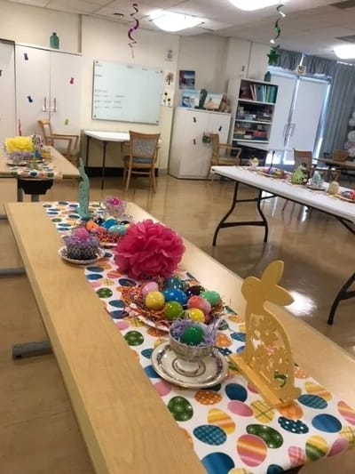Activity room decorated for a holiday celebration