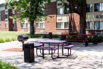 Outdoor seating area in front of the building