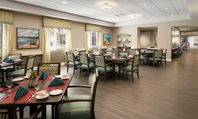 Bright dining room set for a meal event