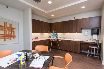 Colorful activity room with art supplies