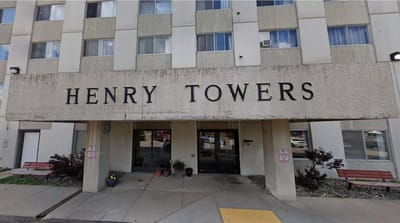 Exterior view of Henry Towers building and entrance