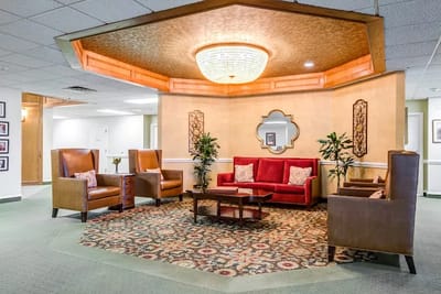 Interior lounge area with comfortable seating and decor