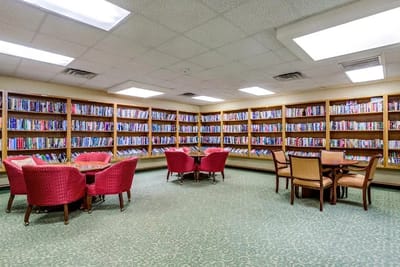 Interior library space with bookshelves and seating